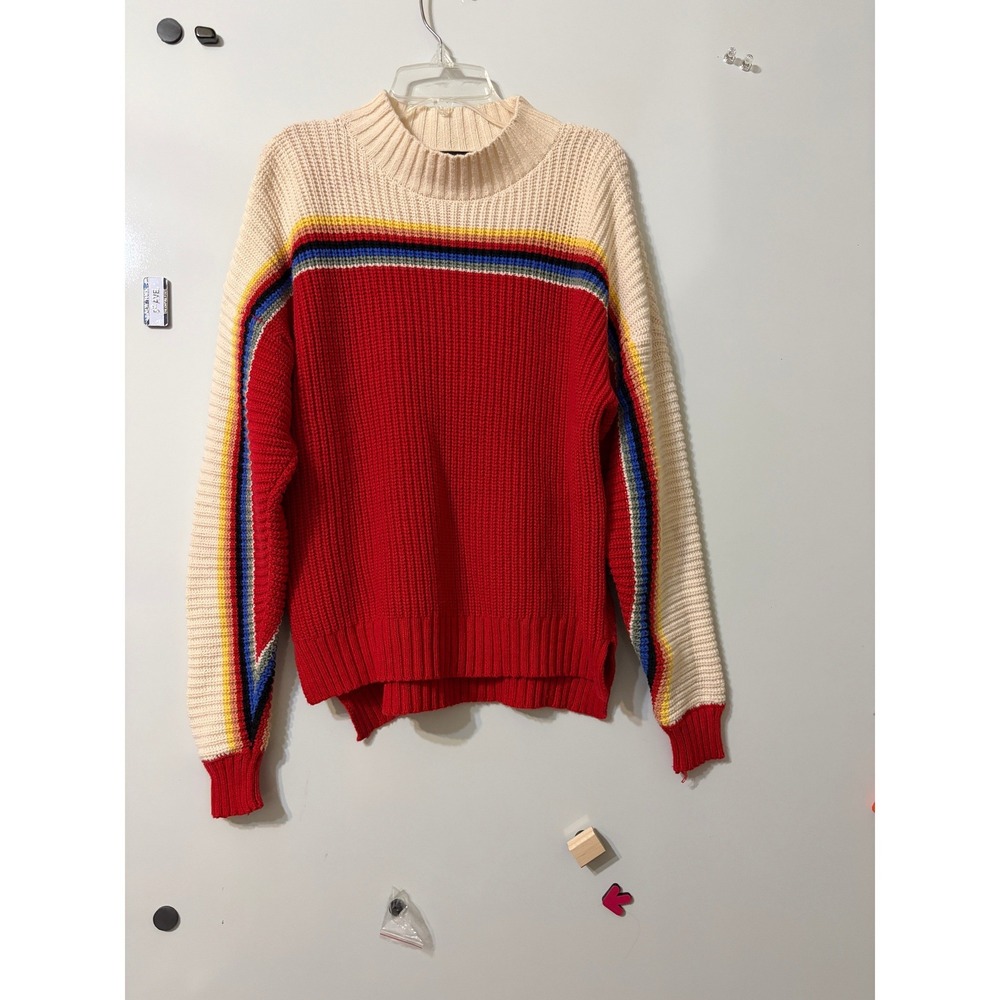 Forever 21 Womens Rainbow Stripe Colorblock Mock Neck Chunky Knit Sweater Red M